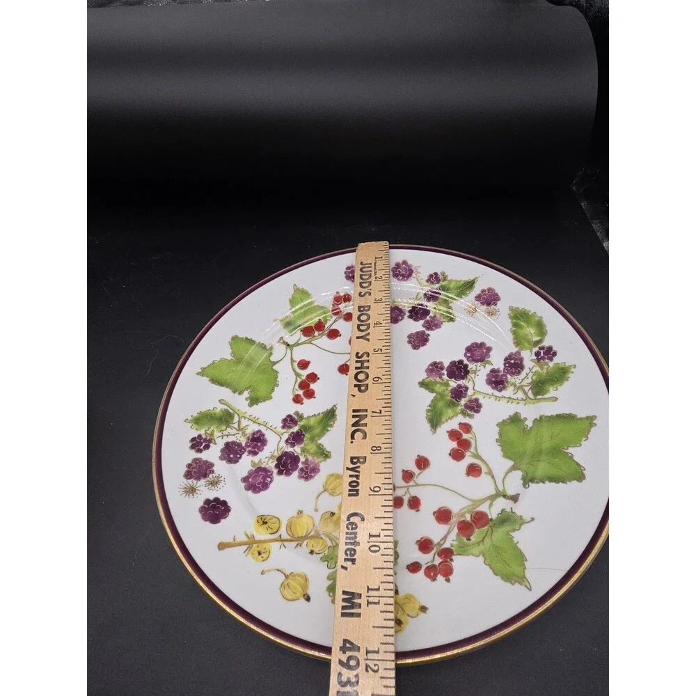 Crate & Barrel Raspberry & Holly Large Round Serving Platter /Plate Gold Rim 12